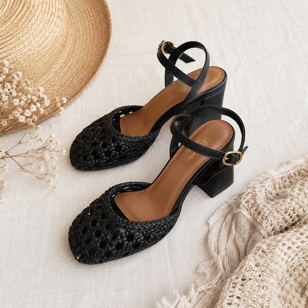 Seychelles Bali Heels Women 7.5 Black Woven Leather Block Heel Ankle Strap